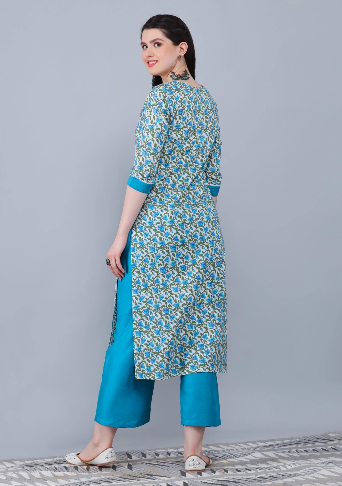 White and Turquoise Printed Cotton  Straight Kurta