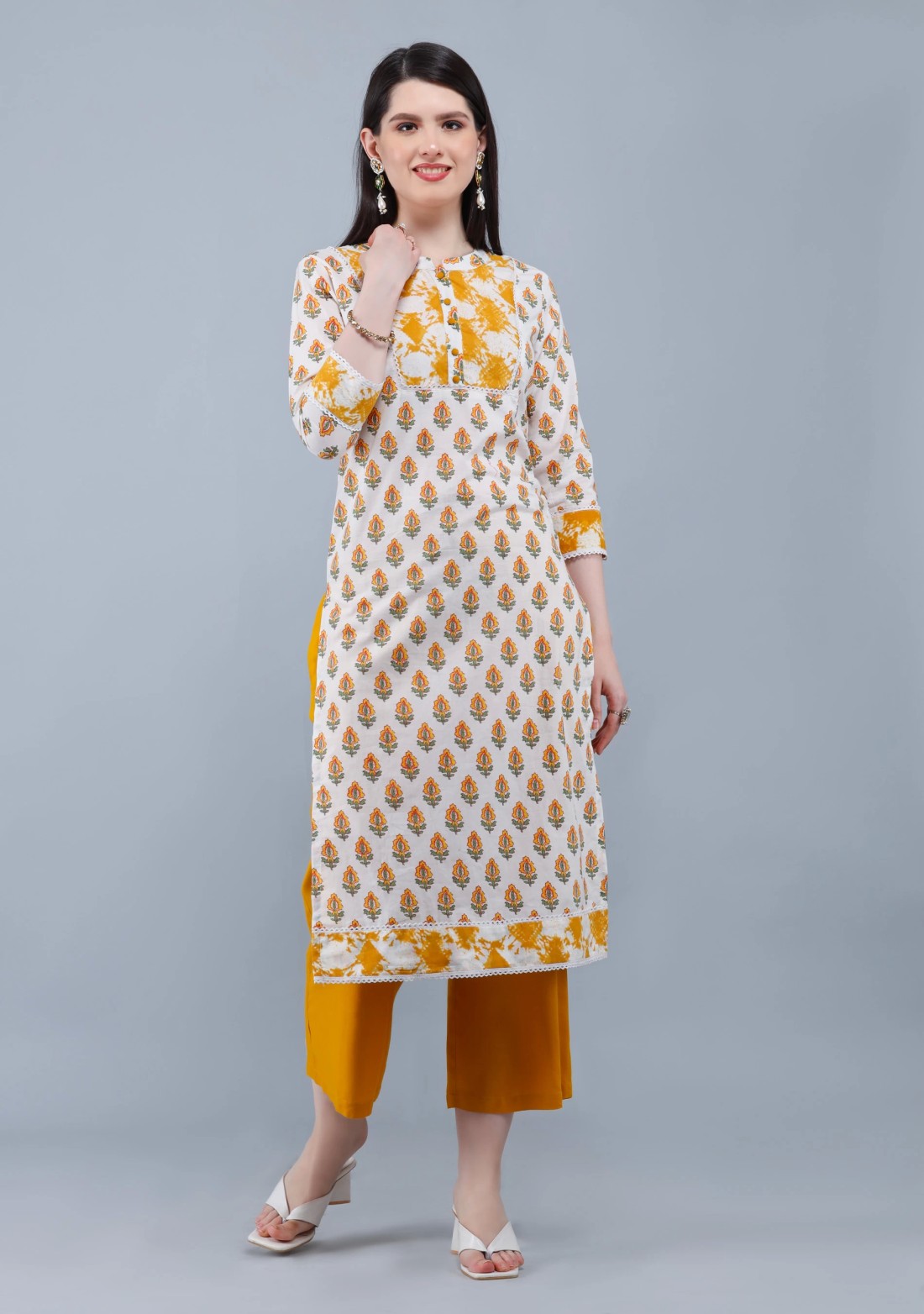 White & Mustard  Printed Cotton  Straight Kurta