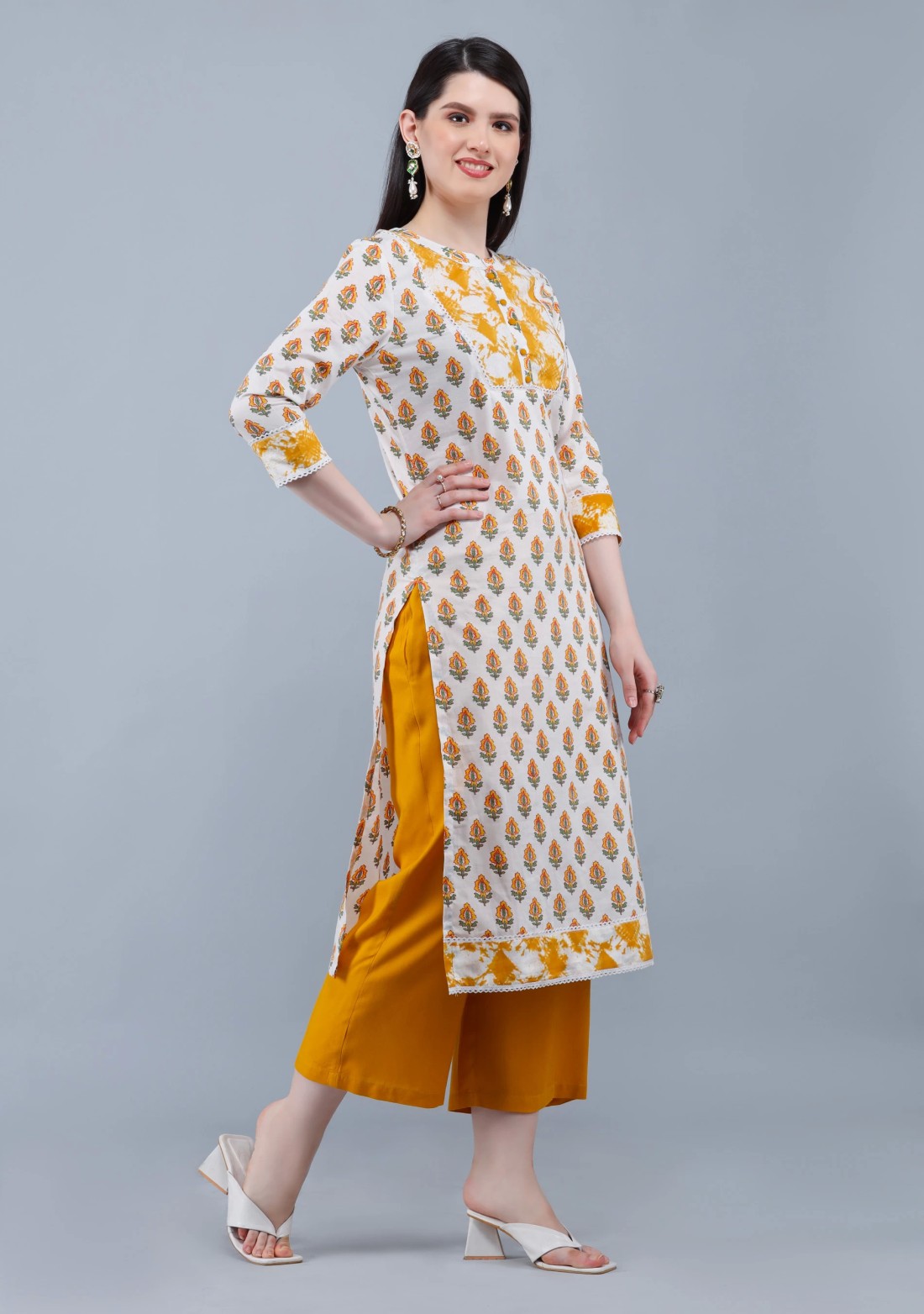 White & Mustard  Printed Cotton  Straight Kurta