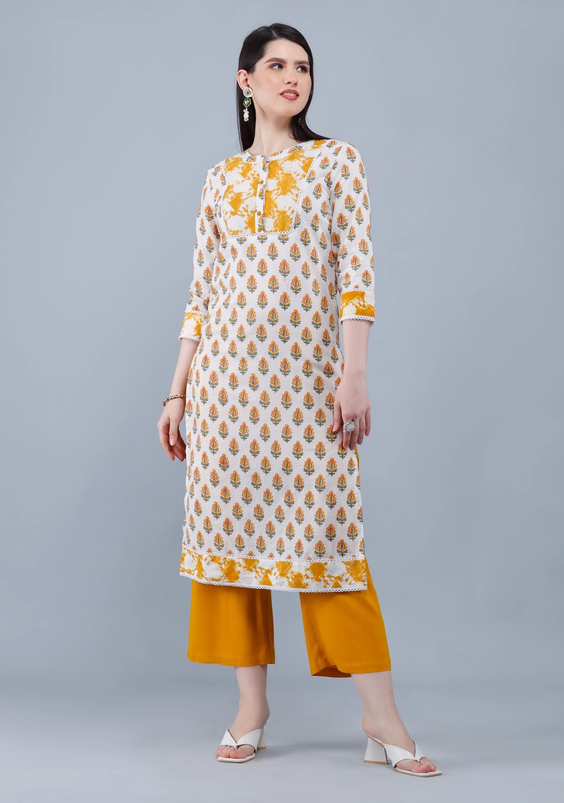 White & Mustard  Printed Cotton  Straight Kurta