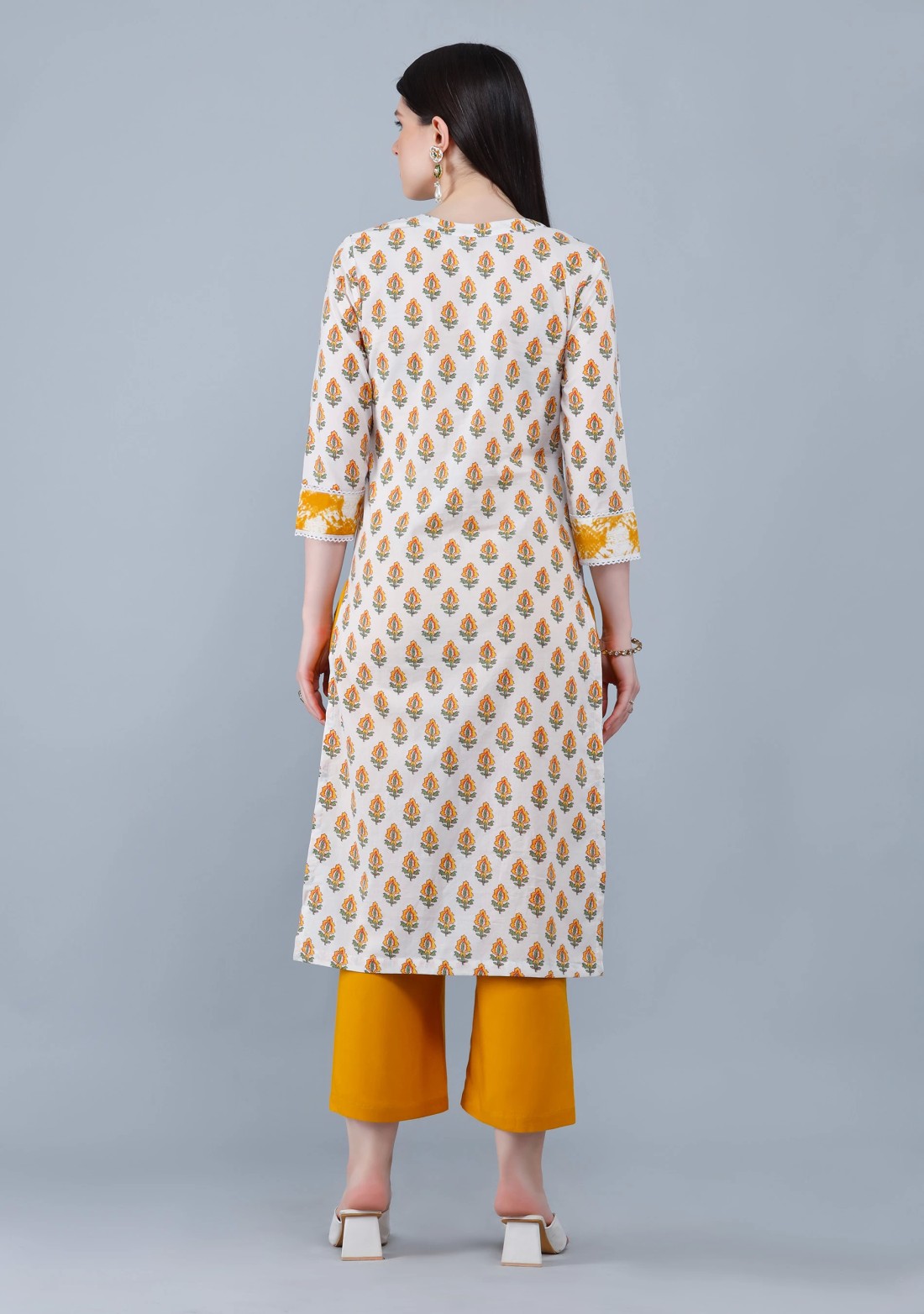 White & Mustard  Printed Cotton  Straight Kurta