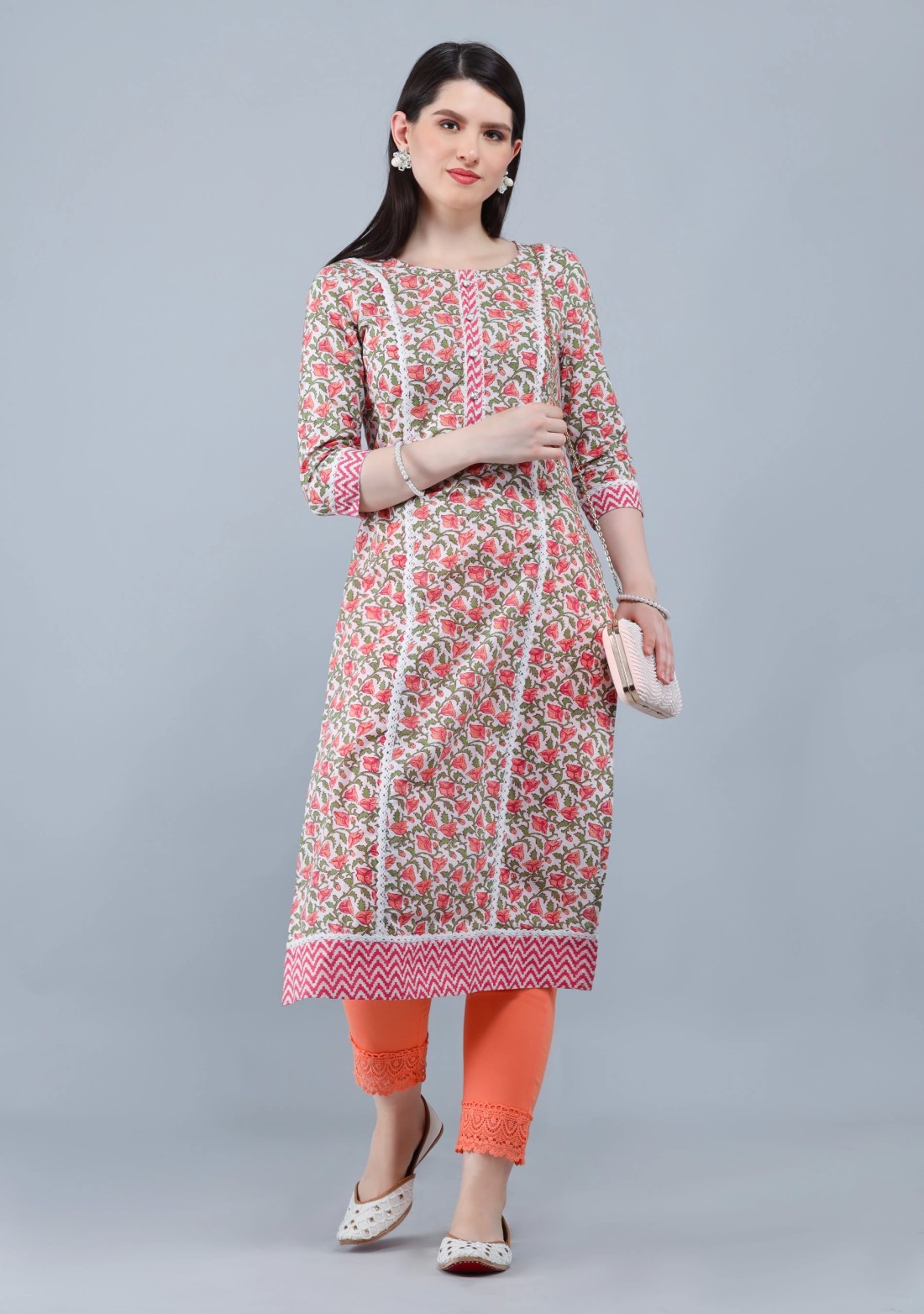 White & Peach  Printed Cotton  Straight Kurta