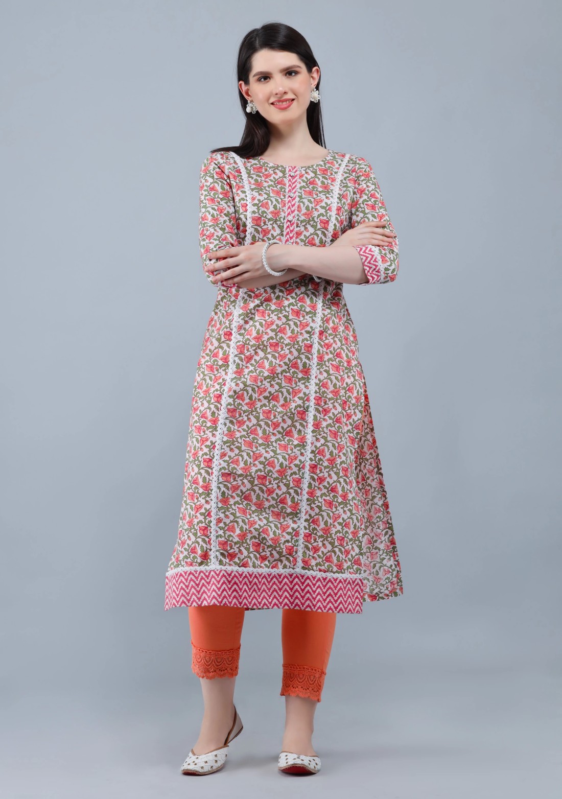 White & Peach  Printed Cotton  Straight Kurta