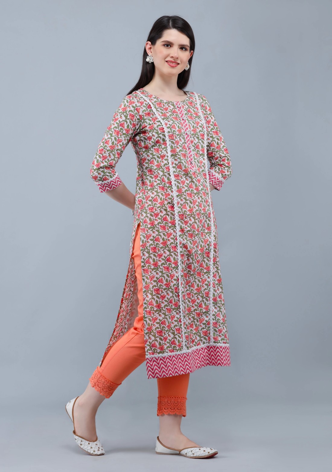 White & Peach  Printed Cotton  Straight Kurta