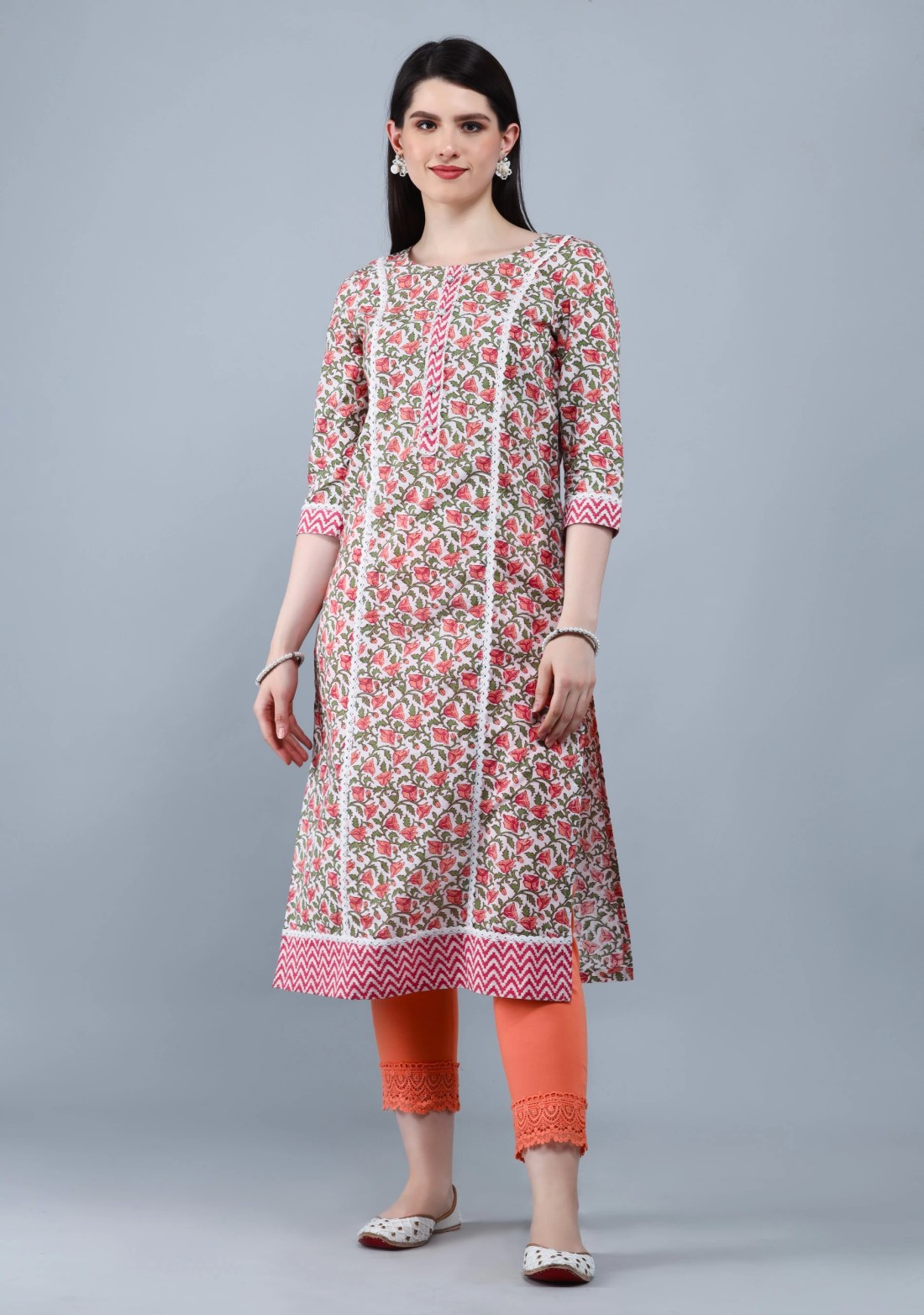 White & Peach  Printed Cotton  Straight Kurta