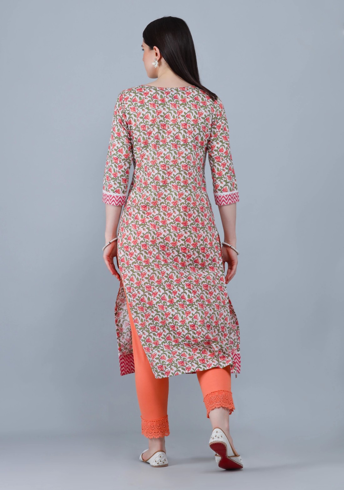 White & Peach  Printed Cotton  Straight Kurta