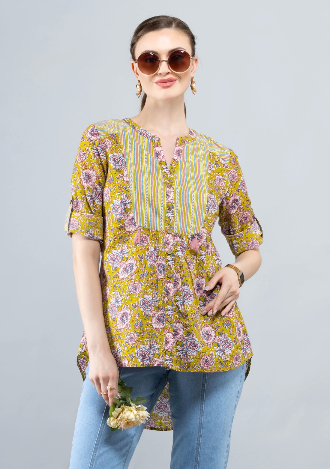 Floral Print Mix and Match Cotton Button Down Top