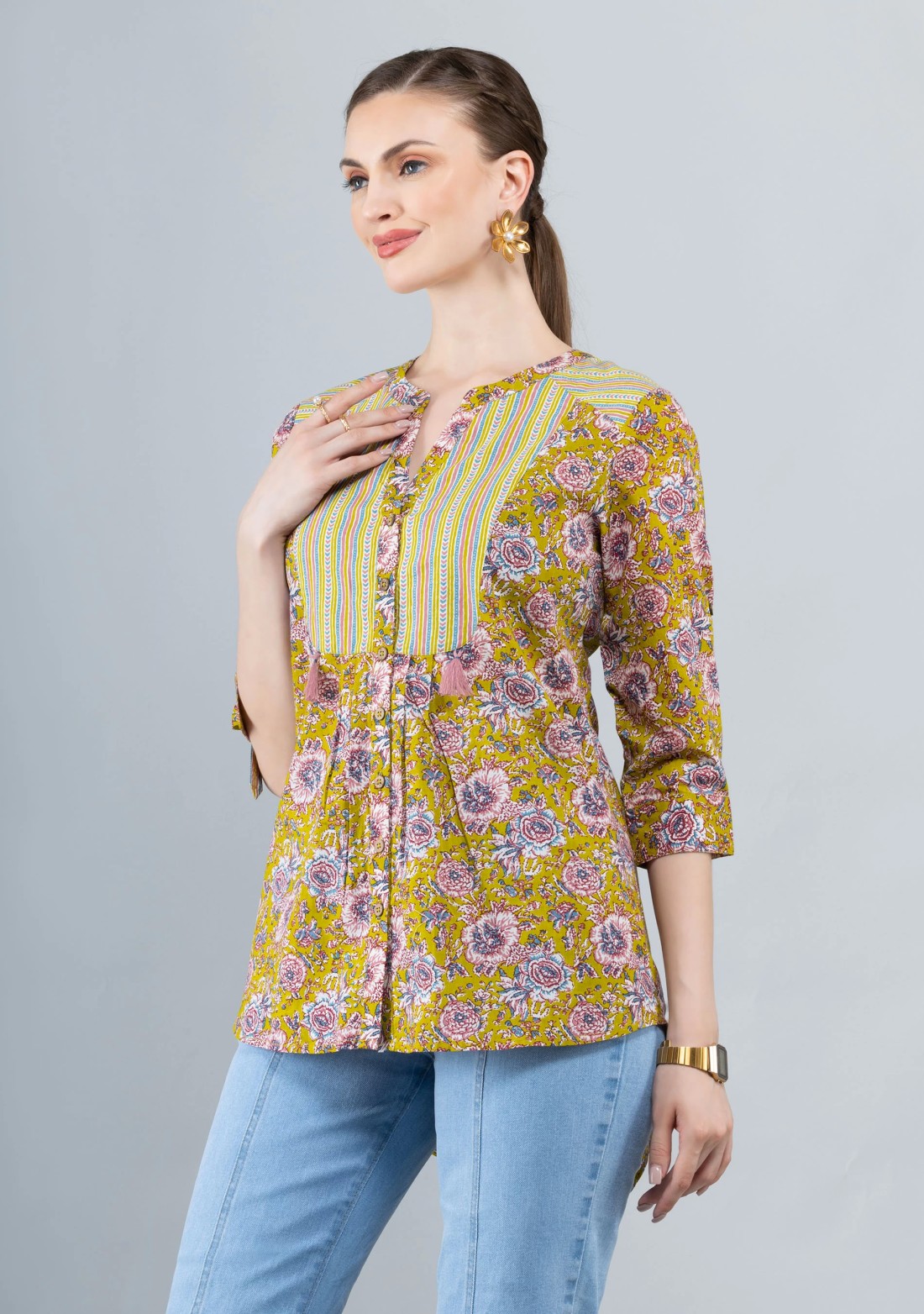 Floral Print Mix and Match Cotton Button Down Top