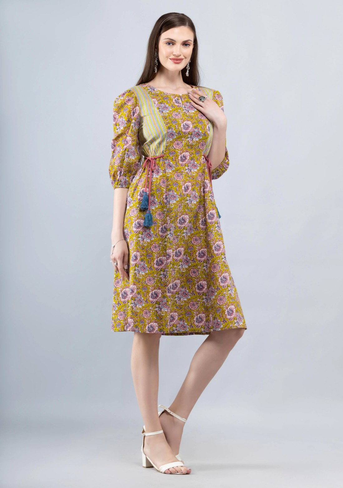 Floral Print Mix and Match Cotton Relaxed Knee Length Dress