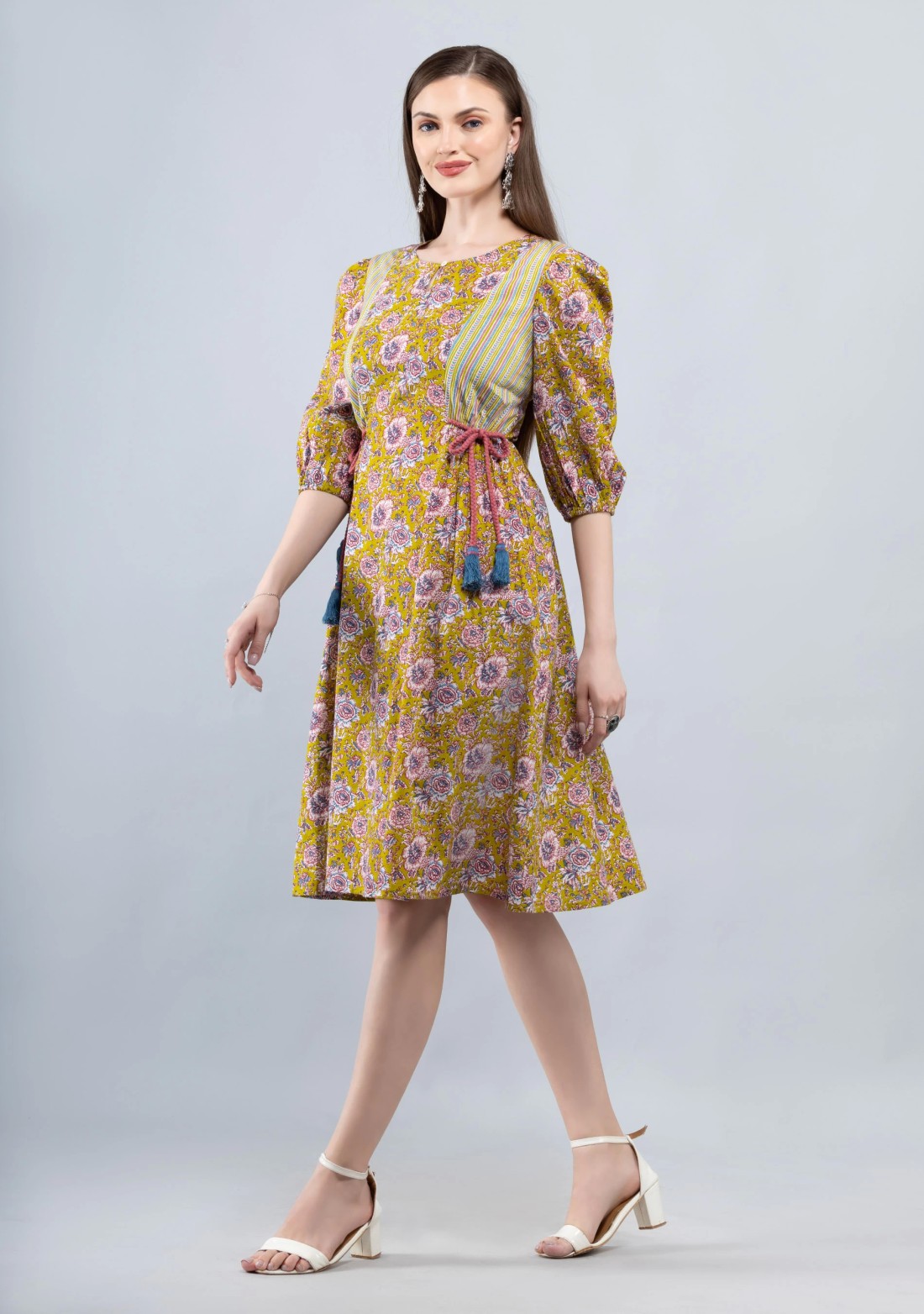 Floral Print Mix and Match Cotton Relaxed Knee Length Dress