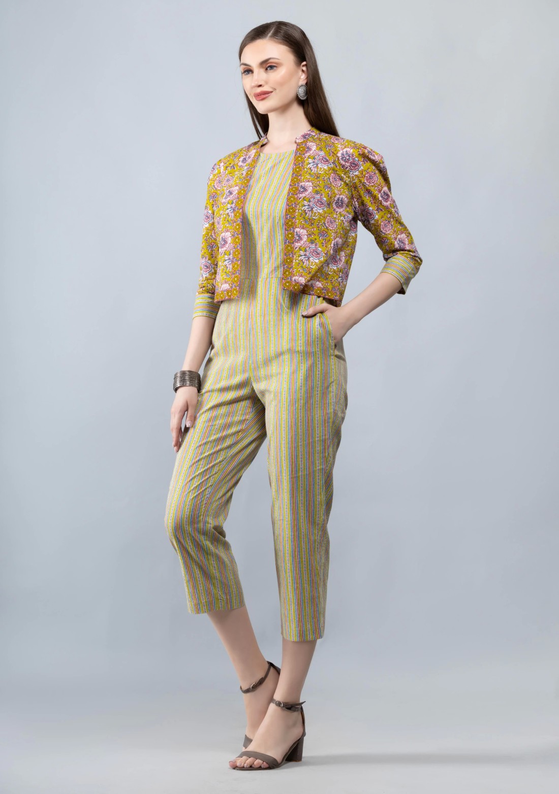 Green Mix and Match Cotton Cropped Jumpsuit with Jacket