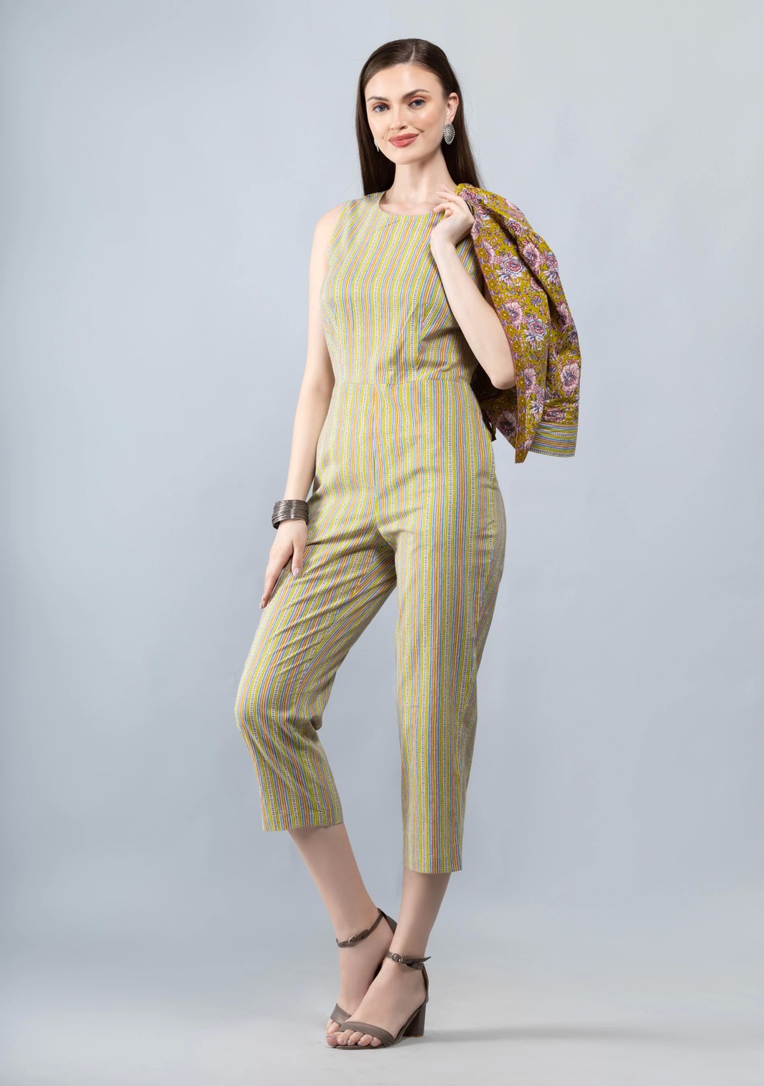 Green Mix and Match Cotton Cropped Jumpsuit with Jacket