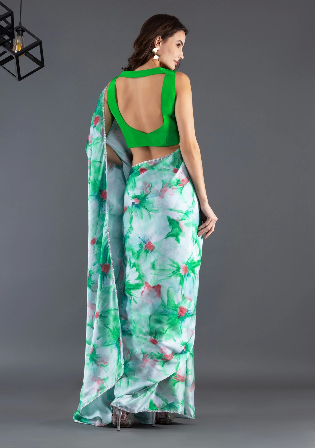 Green & Coral Marble Floral Printed Modal Satin Ready-to-Wear Saree