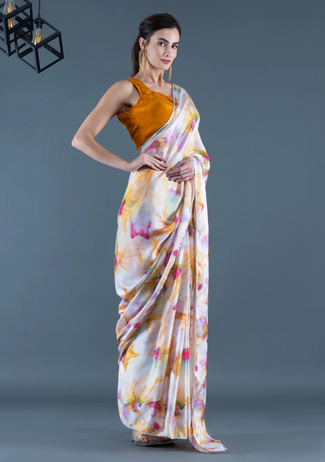 Mustard & Pink Marble Floral Printed Modal Satin Ready-to-Wear Saree
