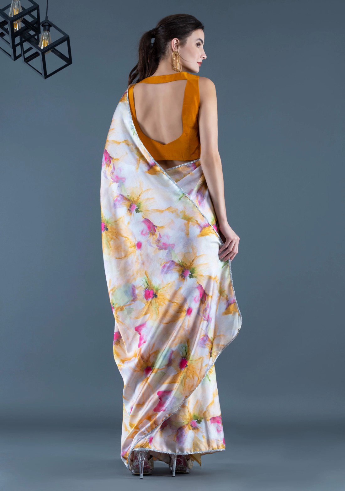 Mustard & Pink Marble Floral Printed Modal Satin Ready-to-Wear Saree