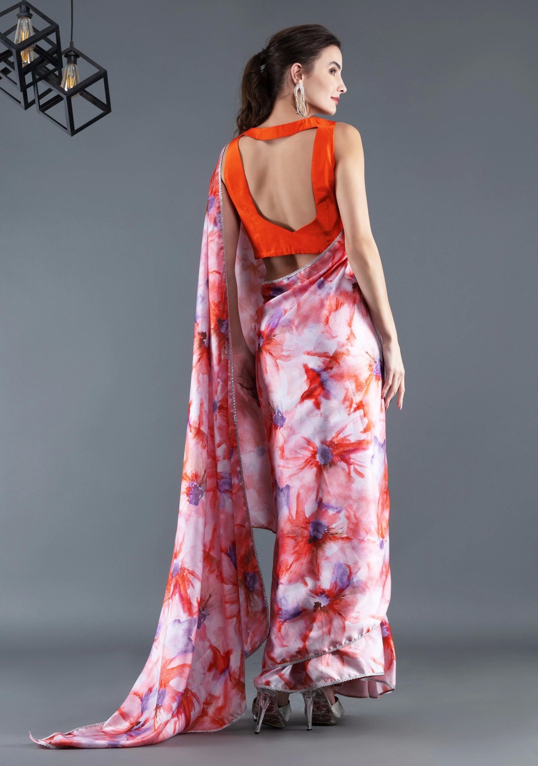 Orange & Lavender Marble Floral Printed Modal Satin Ready-to-Wear Saree