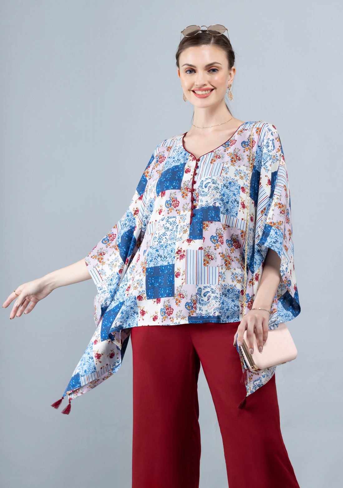 White & Blue Patch Printed Viscose Rayon Kaftan Top