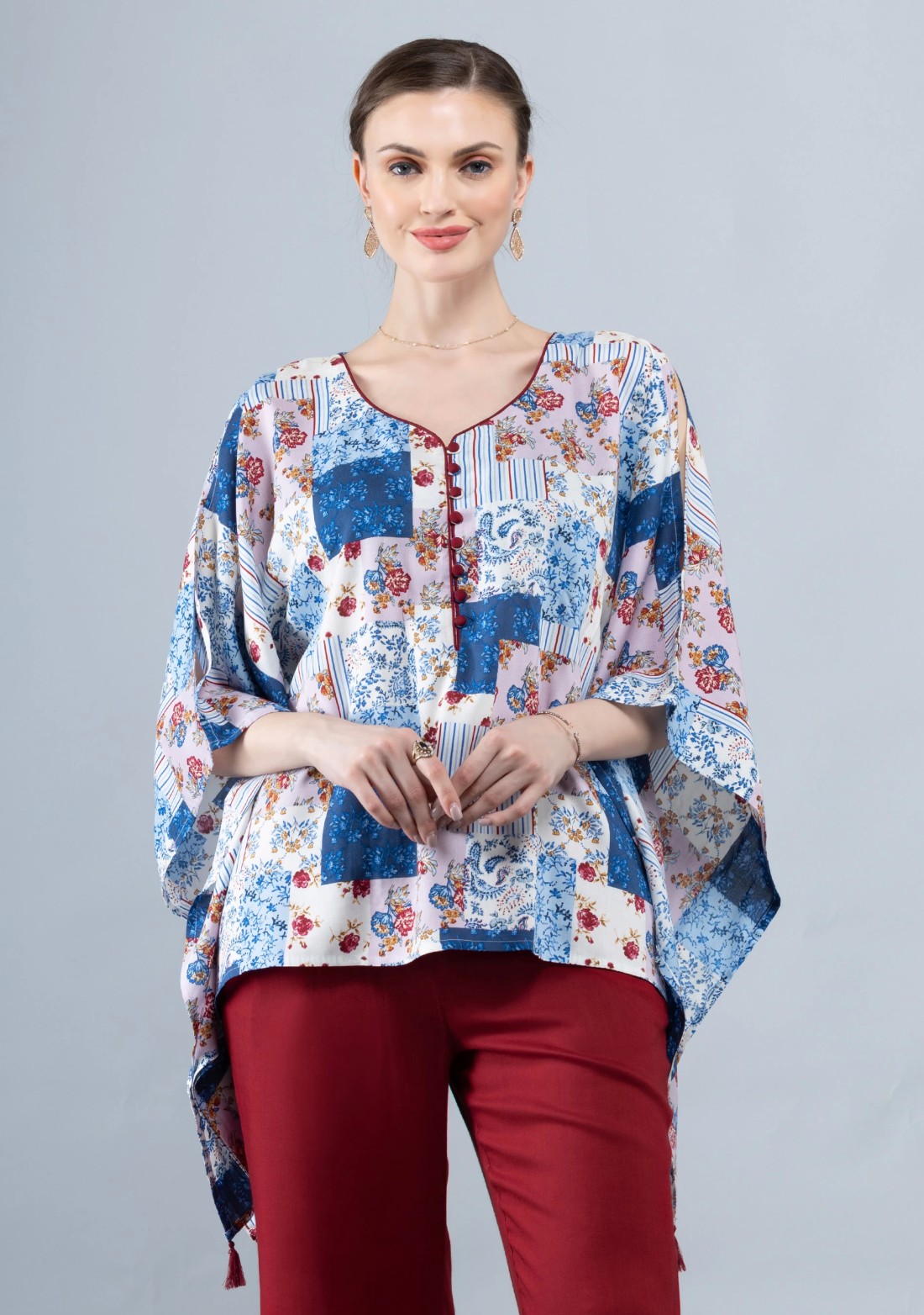 White & Blue Patch Printed Viscose Rayon Kaftan Top