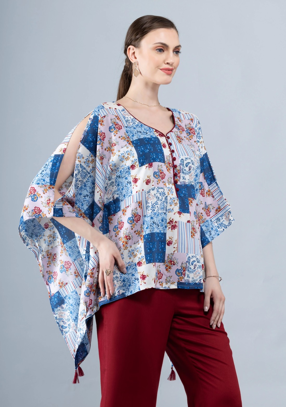 White & Blue Patch Printed Viscose Rayon Kaftan Top