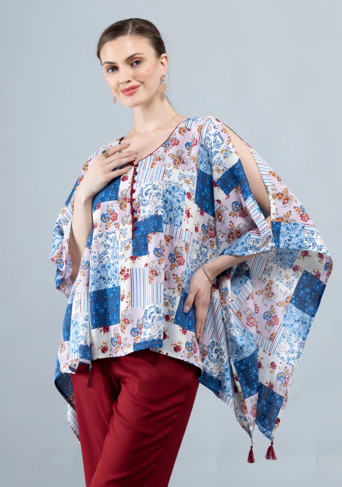 White & Blue Patch Printed Viscose Rayon Kaftan Top