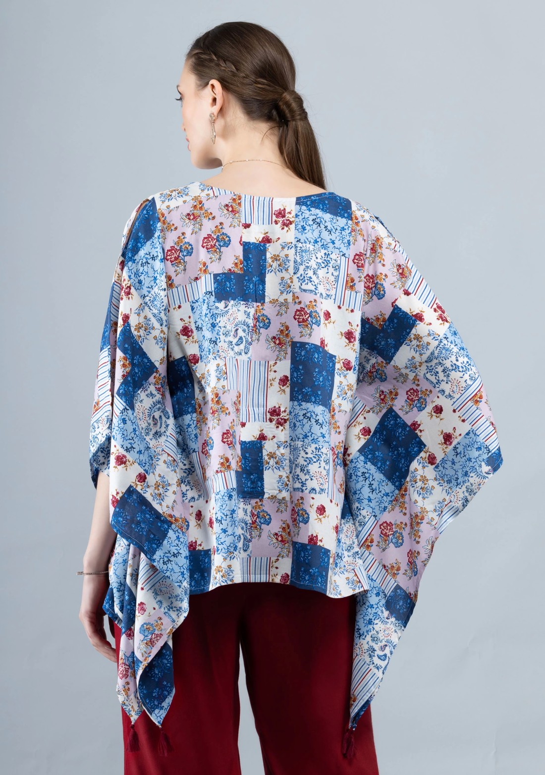 White & Blue Patch Printed Viscose Rayon Kaftan Top