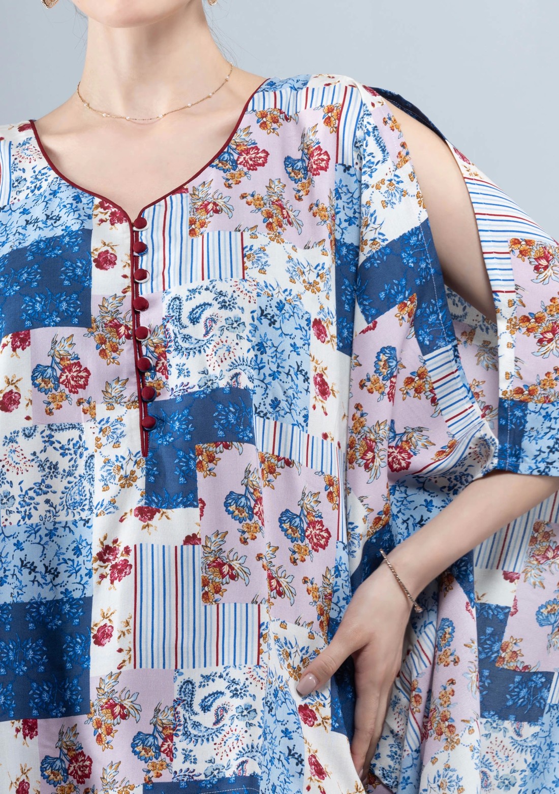 White & Blue Patch Printed Viscose Rayon Kaftan Top