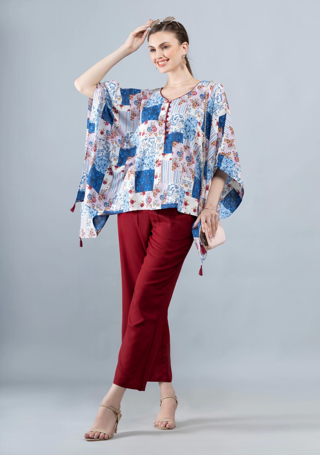 White & Blue Patch Printed Viscose Rayon Kaftan Top