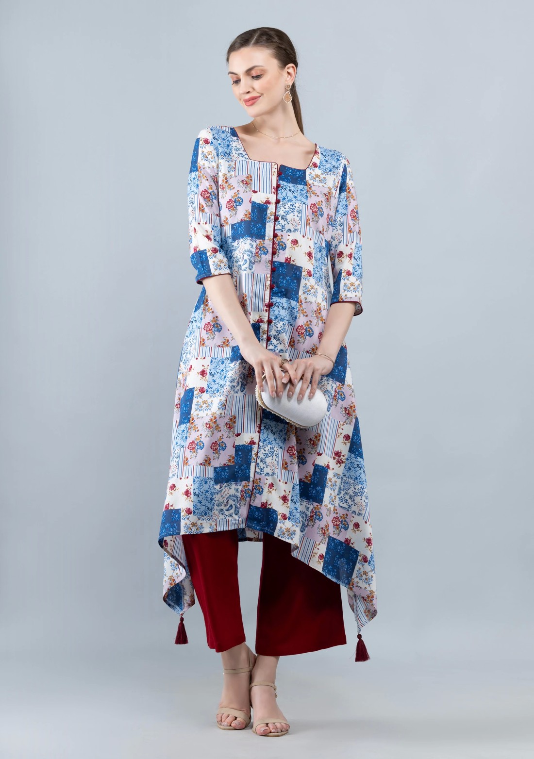 White & Blue Patch Printed Viscose Rayon Kurta