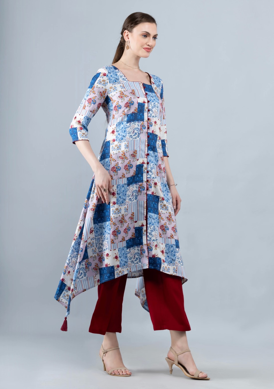 White & Blue Patch Printed Viscose Rayon Kurta