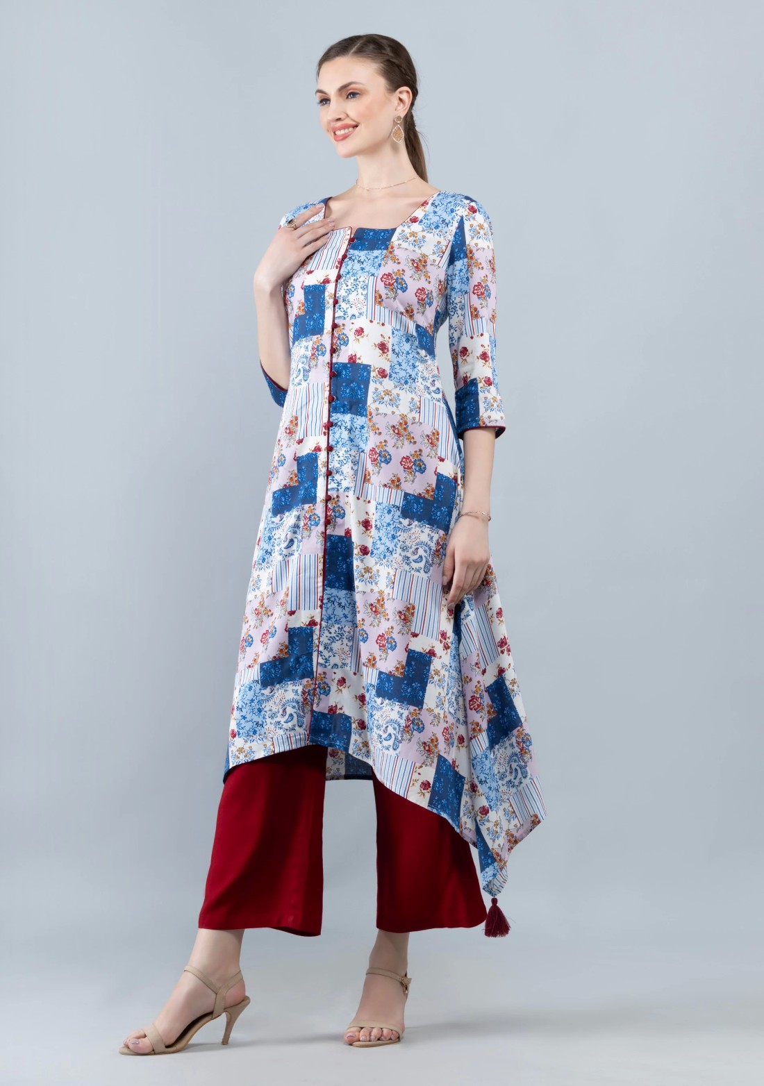 White & Blue Patch Printed Viscose Rayon Kurta