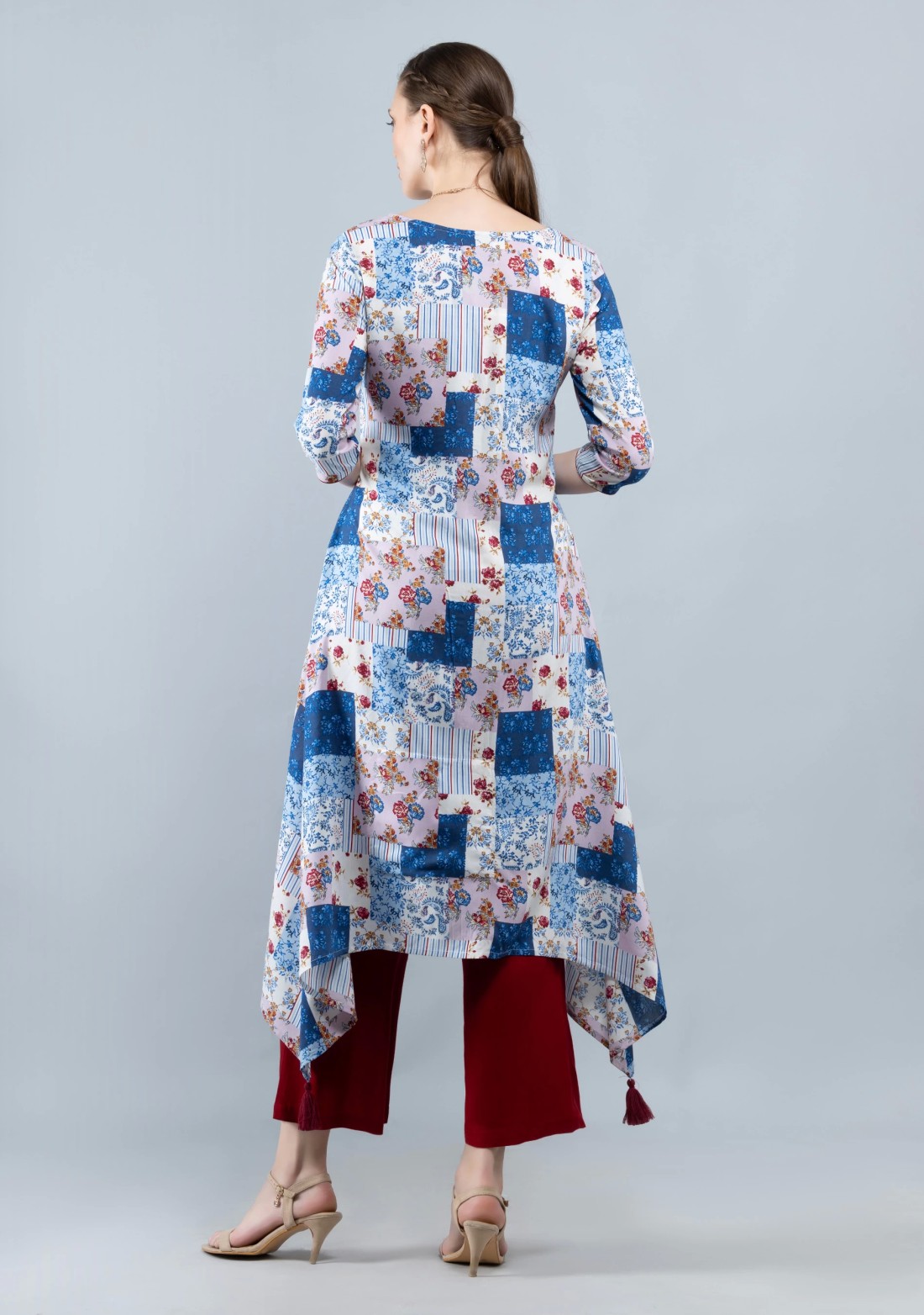 White & Blue Patch Printed Viscose Rayon Kurta