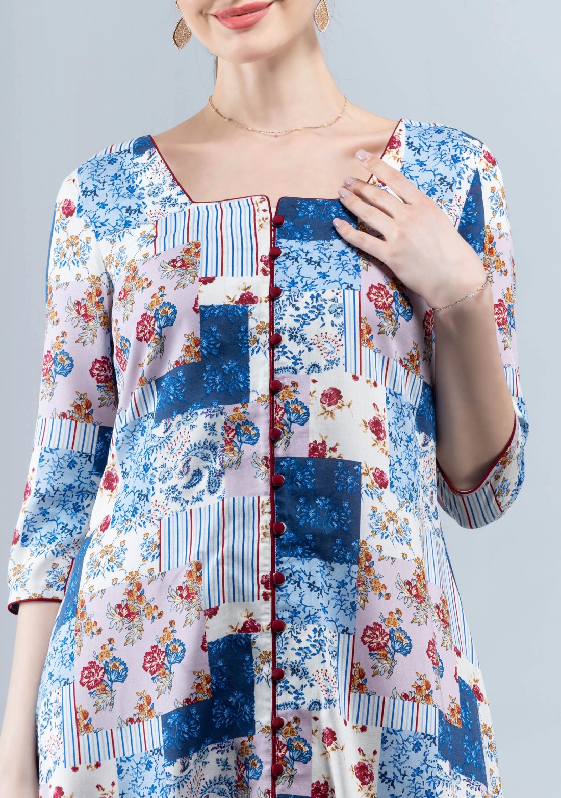 White & Blue Patch Printed Viscose Rayon Kurta