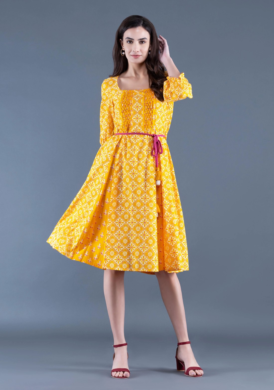 Yellow Ethnic Motif Print Cotton Flared Mini Dress