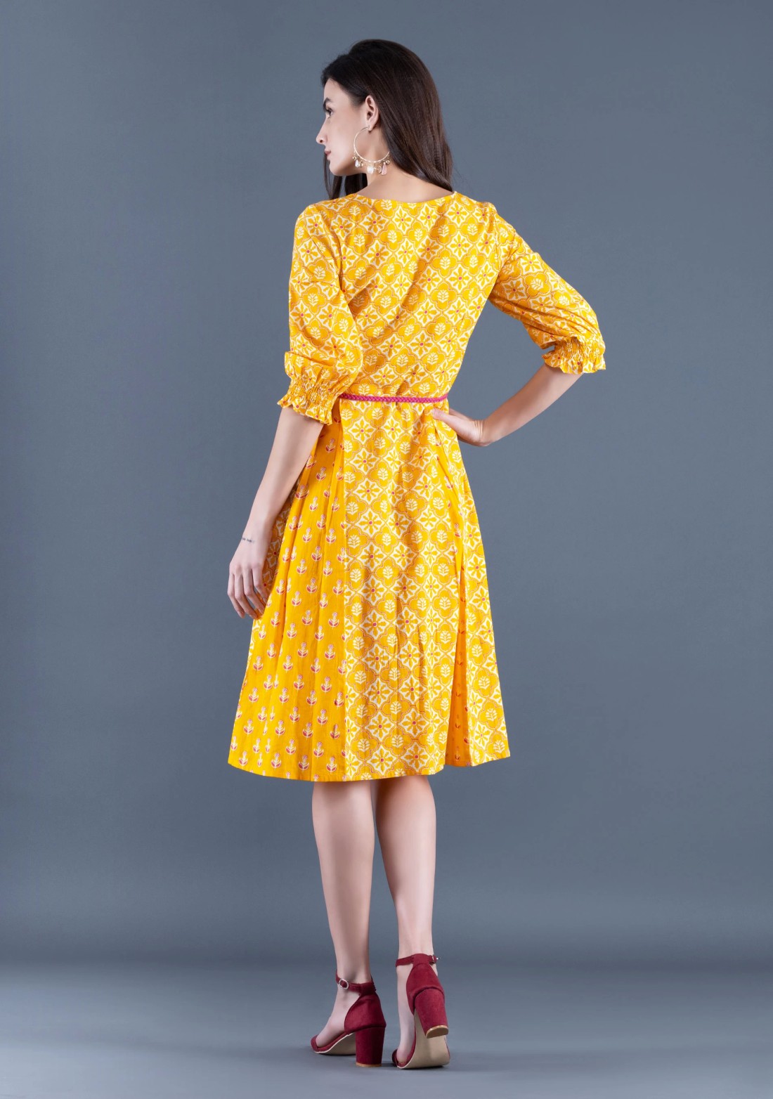 Yellow Ethnic Motif Print Cotton Flared Mini Dress