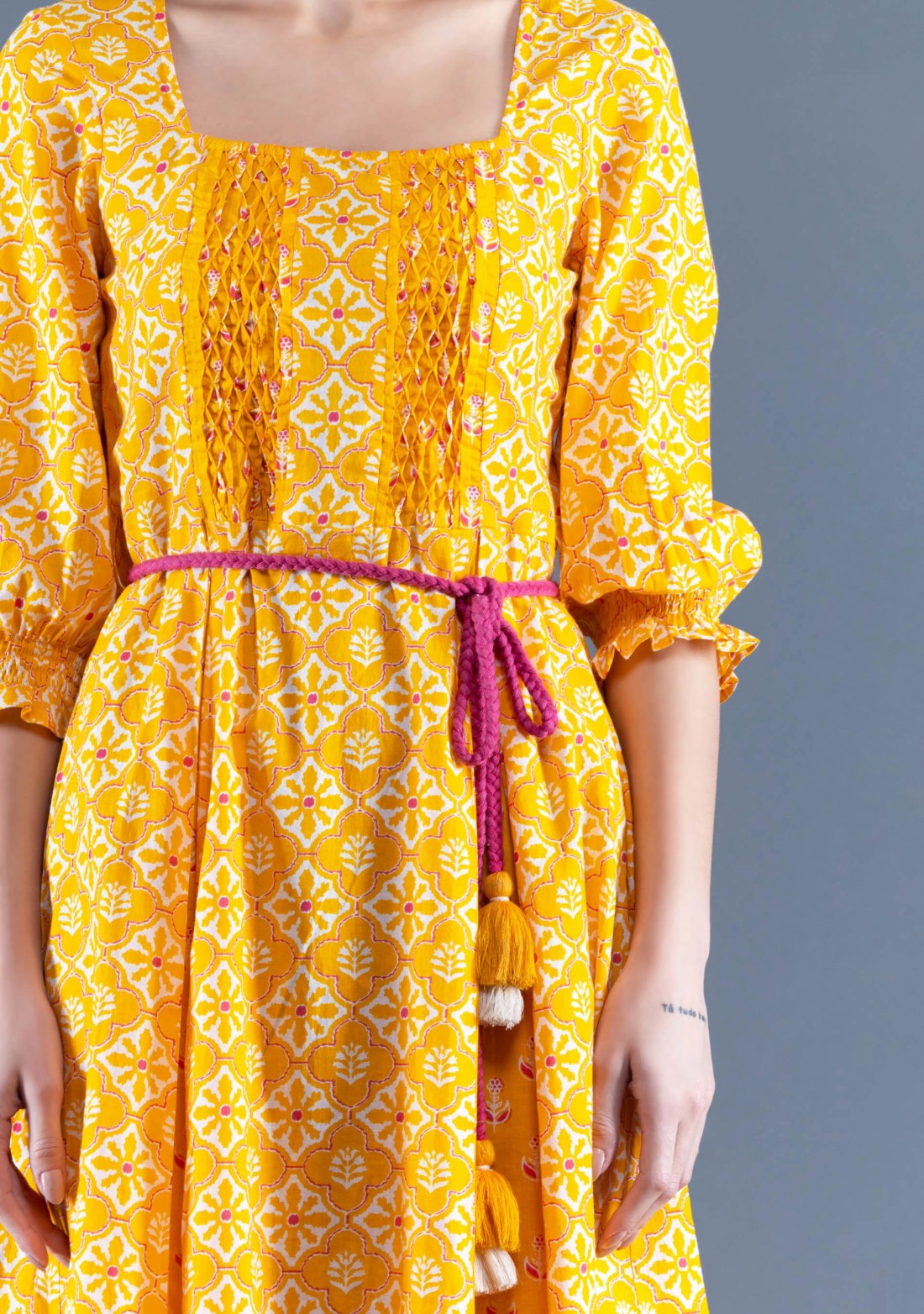 Yellow Ethnic Motif Print Cotton Flared Mini Dress