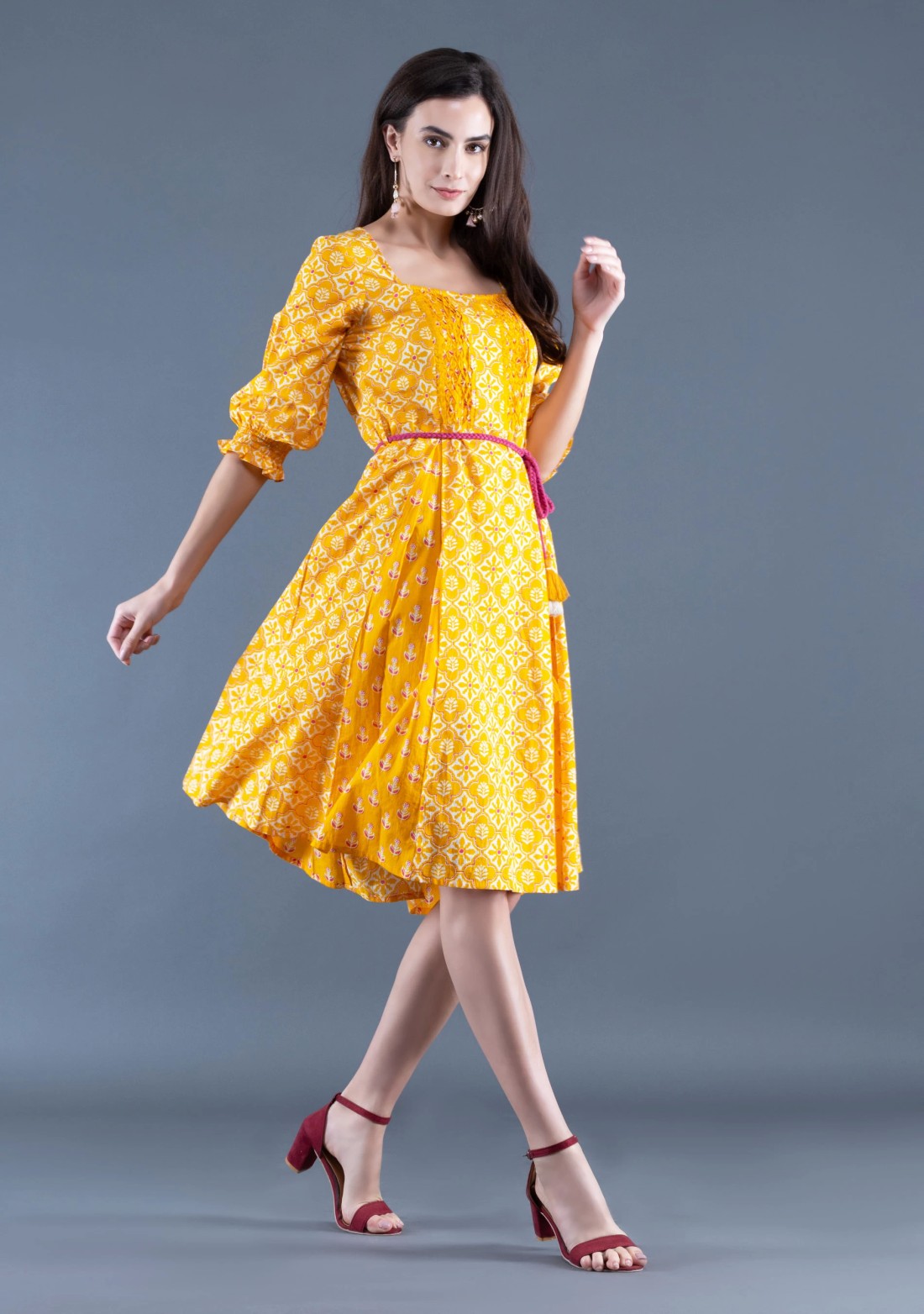 Yellow Ethnic Motif Print Cotton Flared Mini Dress