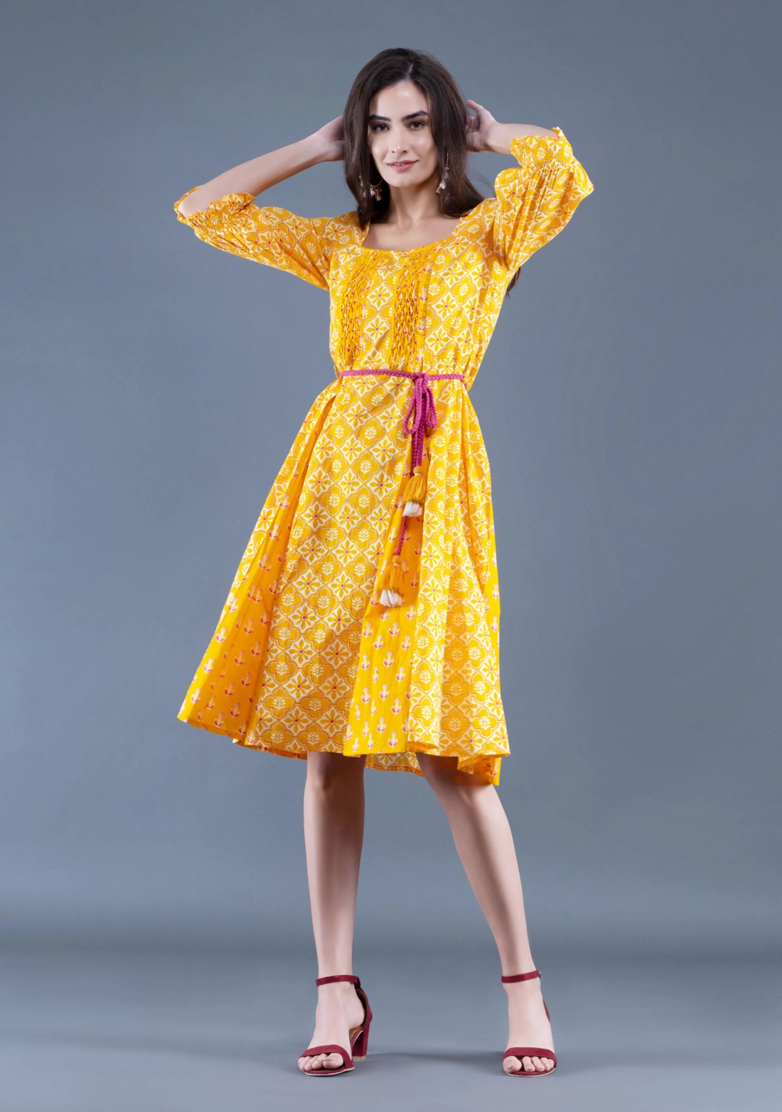 Yellow Ethnic Motif Print Cotton Flared Mini Dress