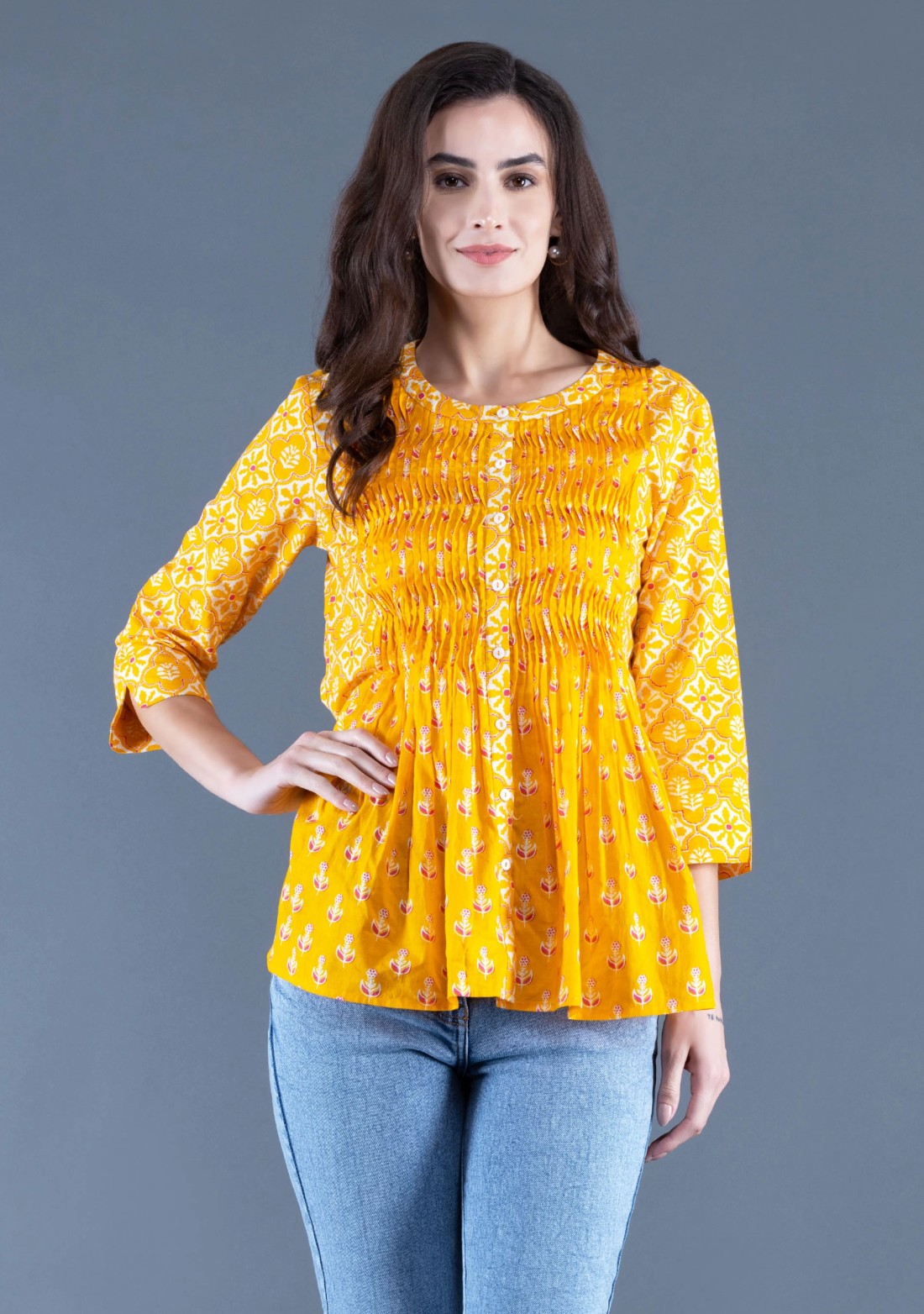 Yellow Ethnic Motif Print Cotton Top