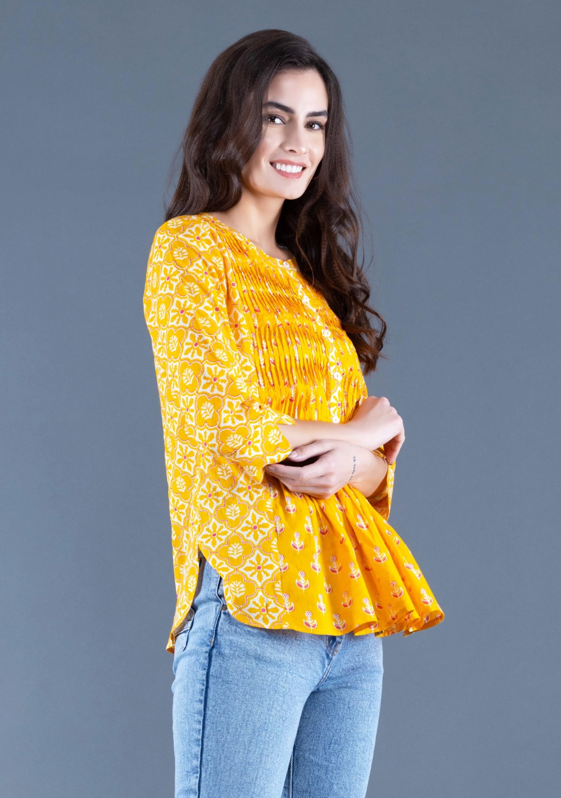 Yellow Ethnic Motif Print Cotton Top