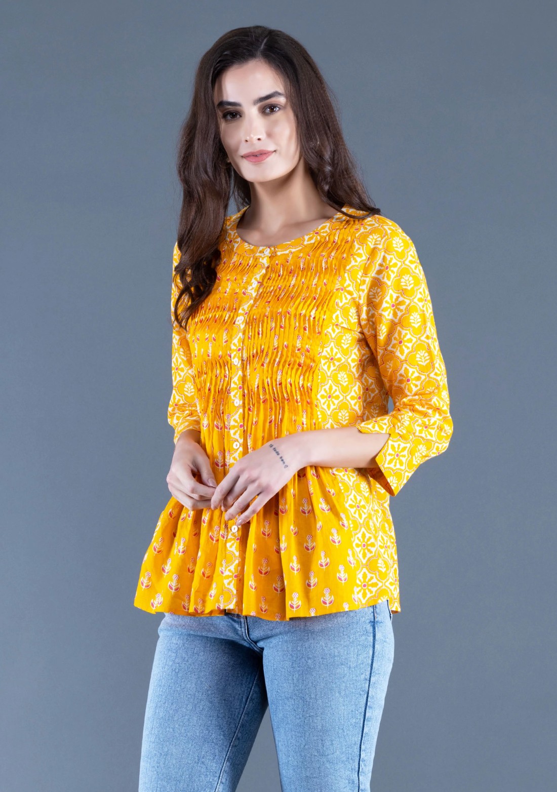 Yellow Ethnic Motif Print Cotton Top