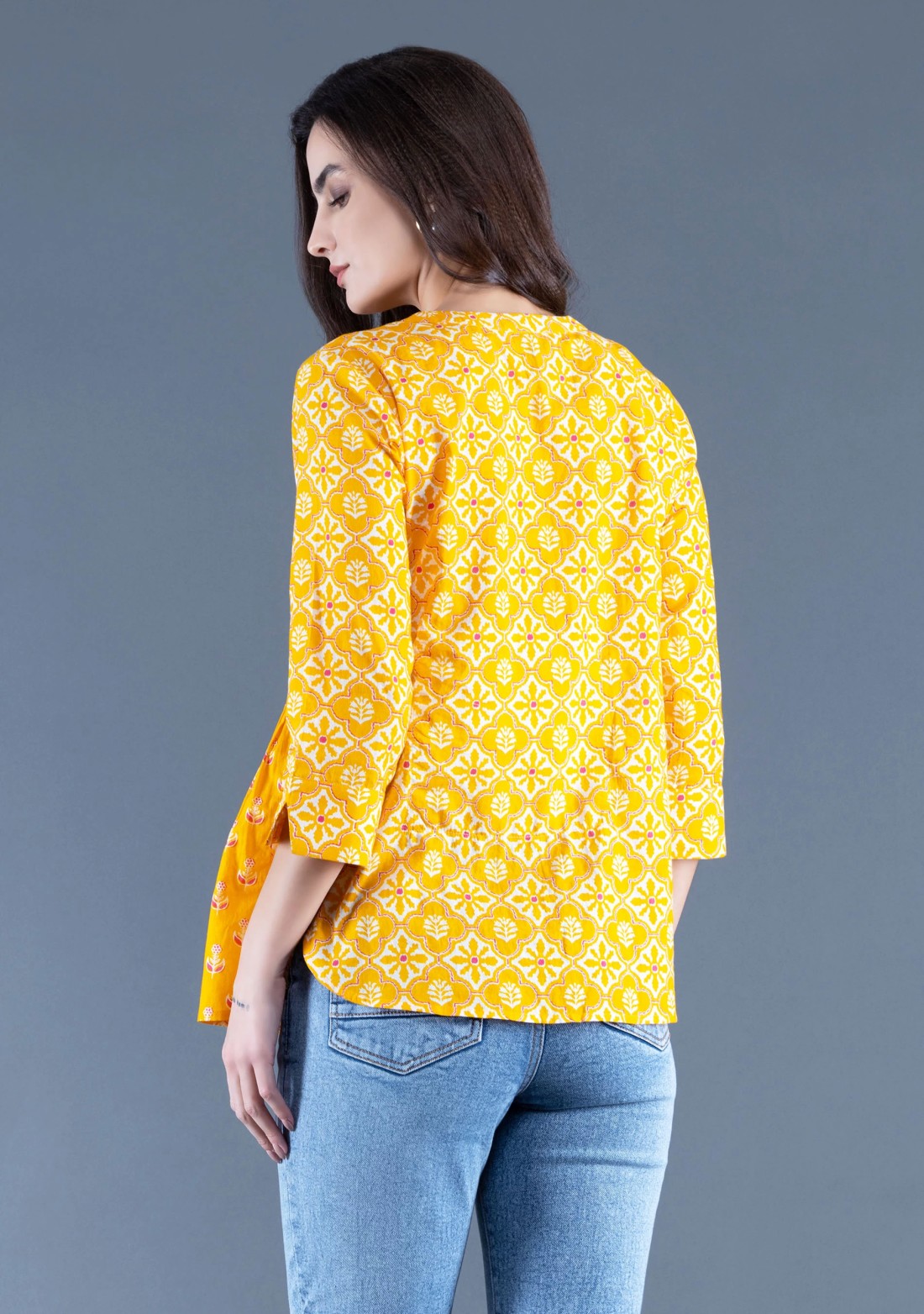 Yellow Ethnic Motif Print Cotton Top