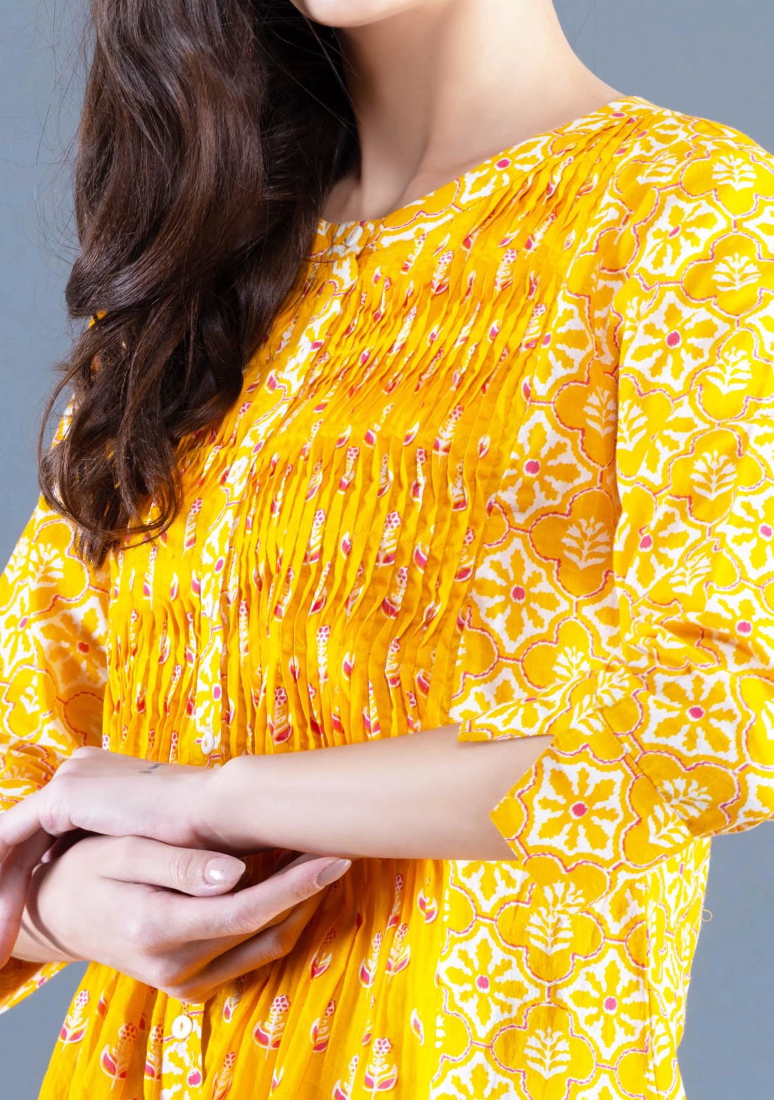 Yellow Ethnic Motif Print Cotton Top