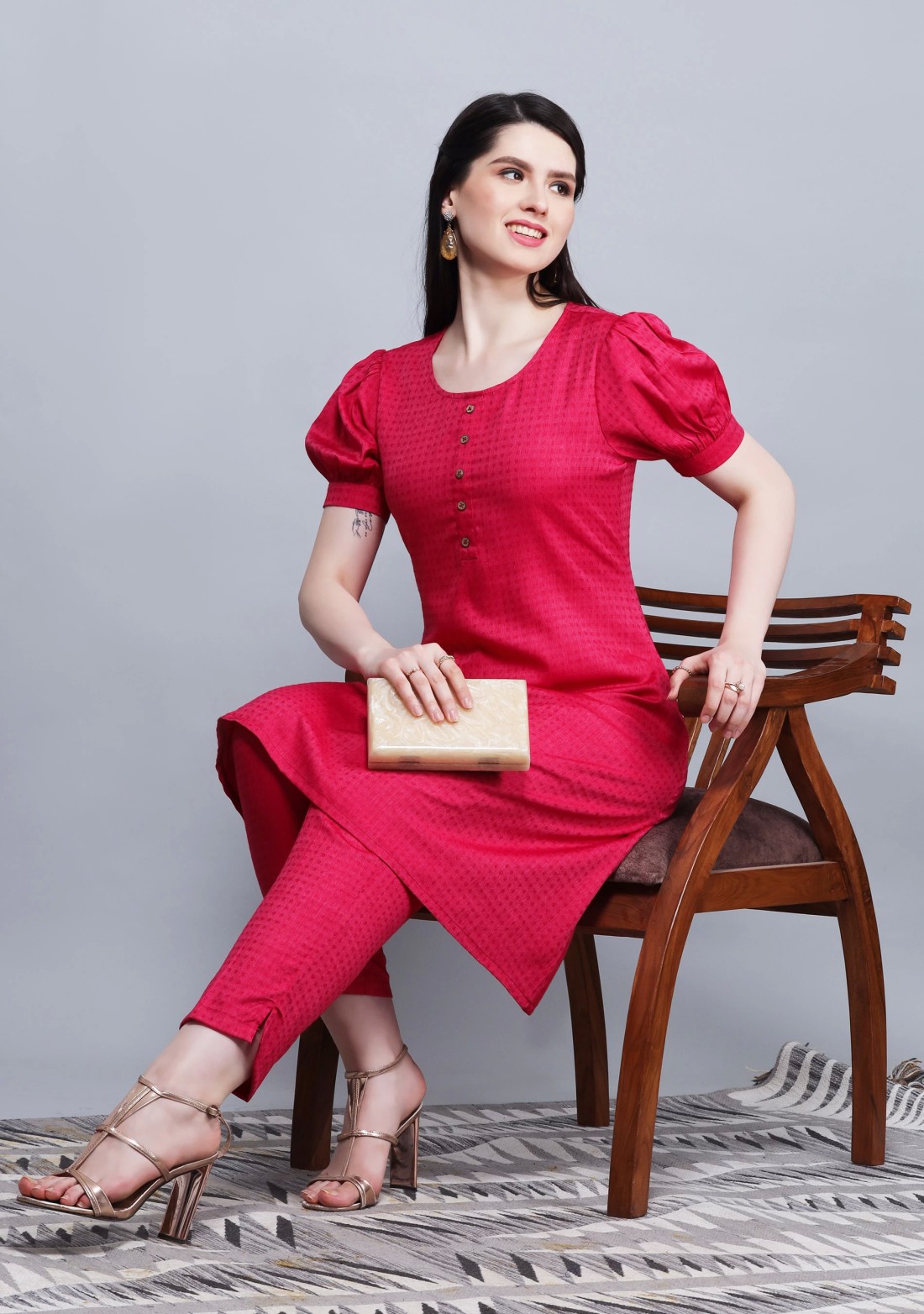 Fuchsia Pink Dobby Rayon A-Line Kurta Pant Co-Ord Set