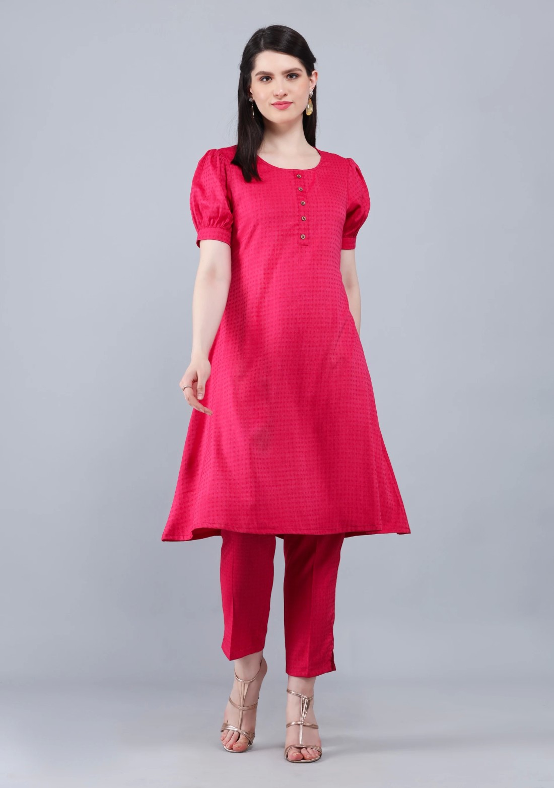 Fuchsia Pink Dobby Rayon A-Line Kurta Pant Co-Ord Set