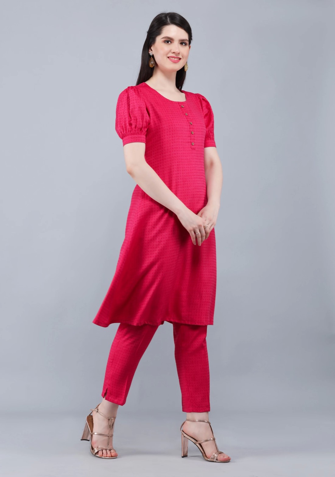 Fuchsia Pink Dobby Rayon A-Line Kurta Pant Co-Ord Set