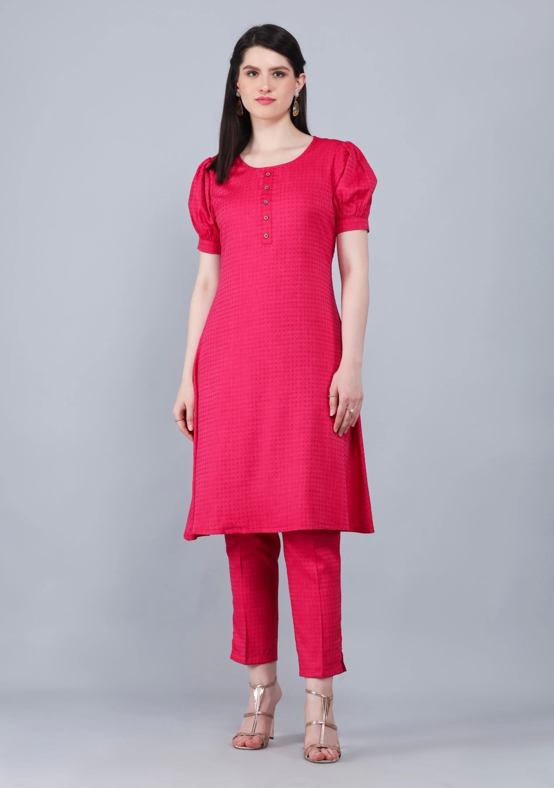 Fuchsia Pink Dobby Rayon A-Line Kurta Pant Co-Ord Set