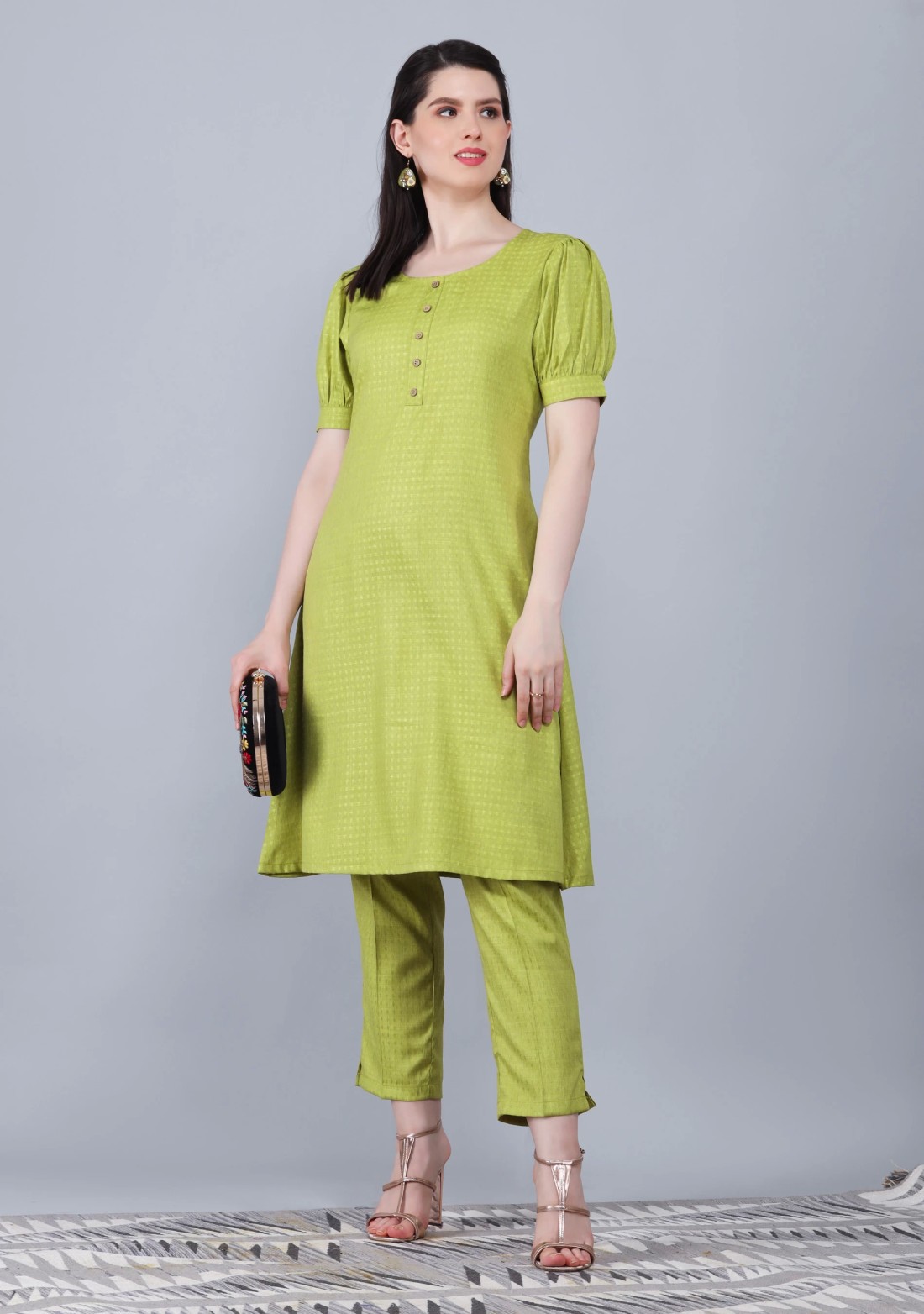 Lime Green Dobby Rayon A-Line Kurta Pant Co-Ord Set