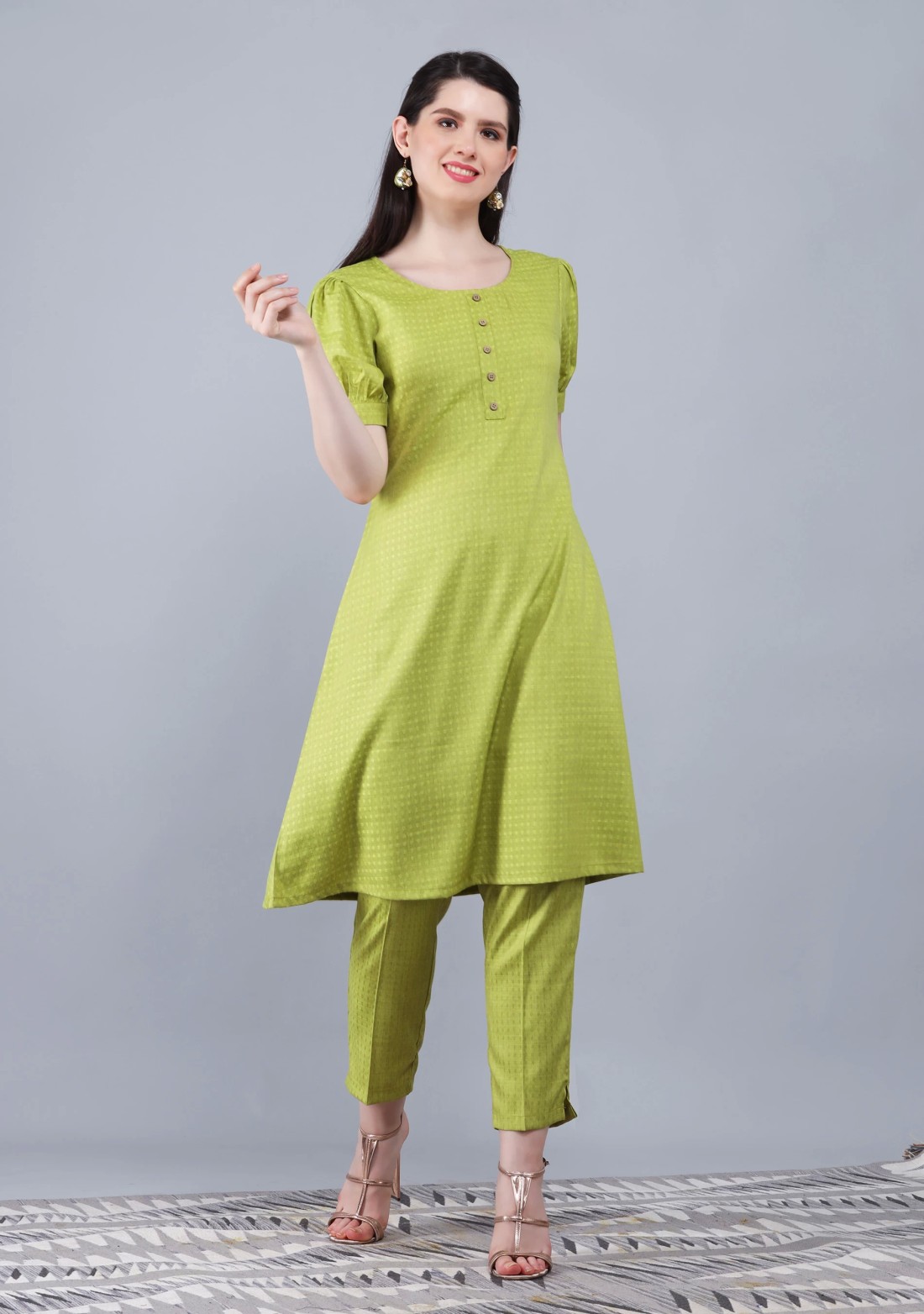 Lime Green Dobby Rayon A-Line Kurta Pant Co-Ord Set