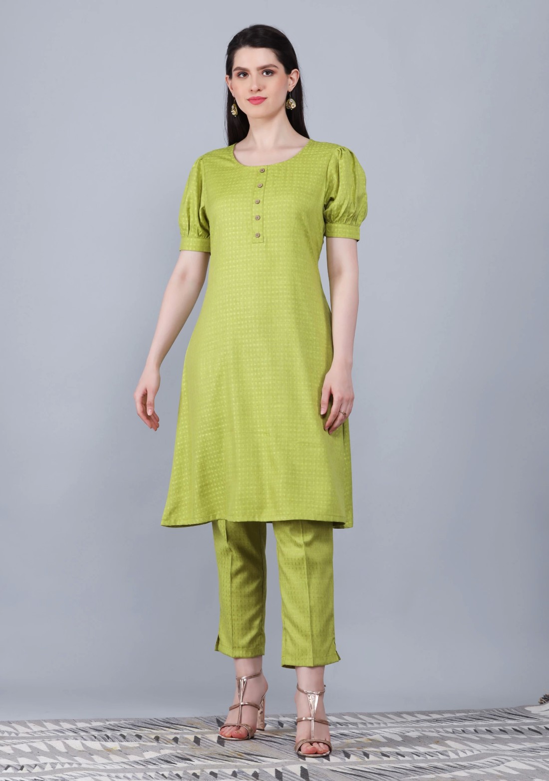 Lime Green Dobby Rayon A-Line Kurta Pant Co-Ord Set