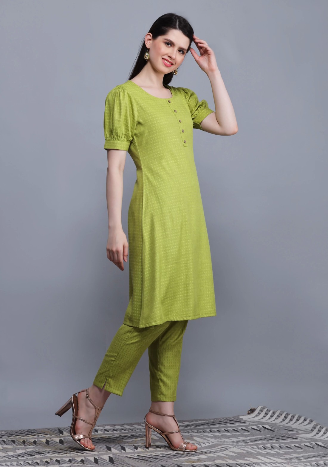 Lime Green Dobby Rayon A-Line Kurta Pant Co-Ord Set